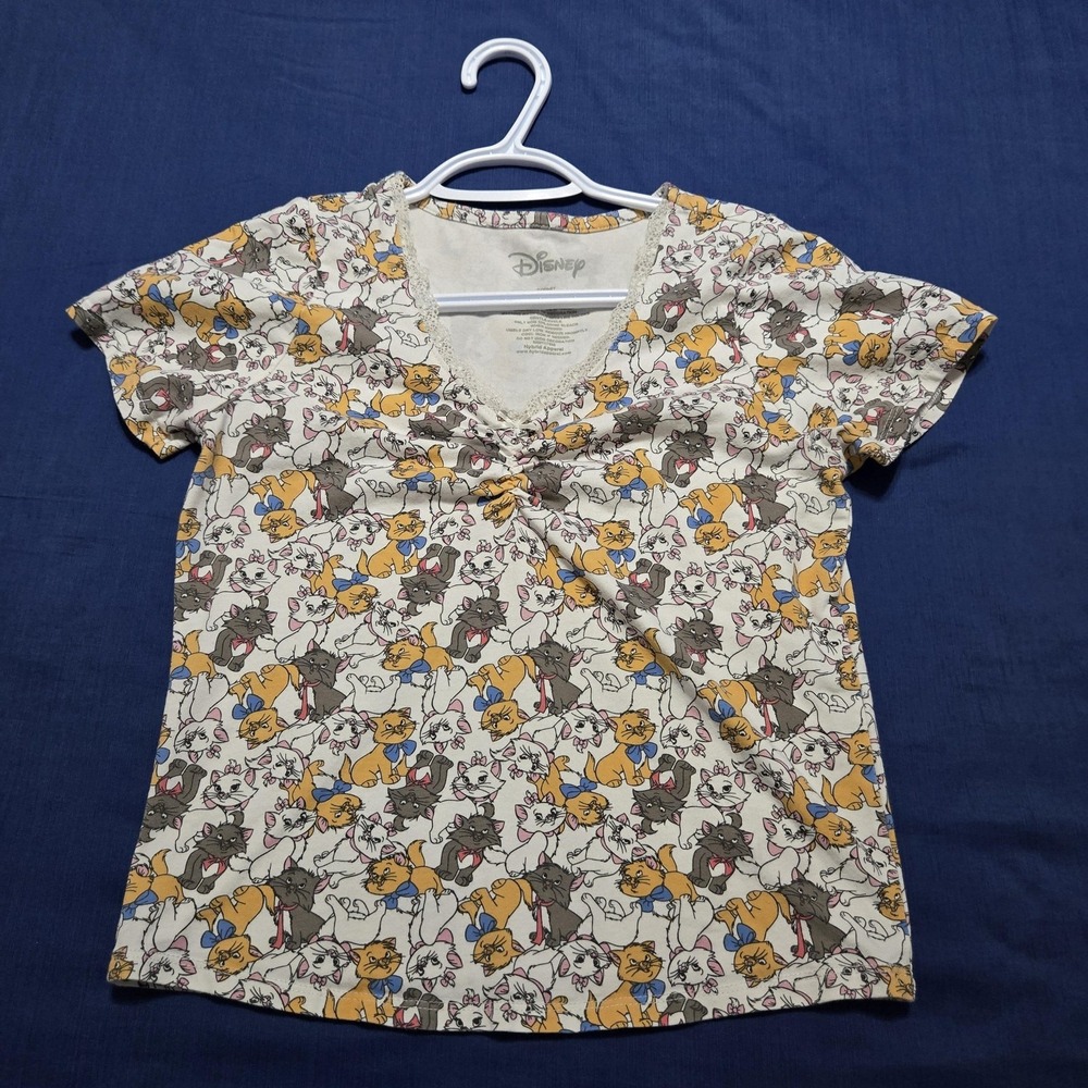 Disney Top Womens Small Lace Trim Aristocats Marie‎ Cat Print Ruched V-Neck